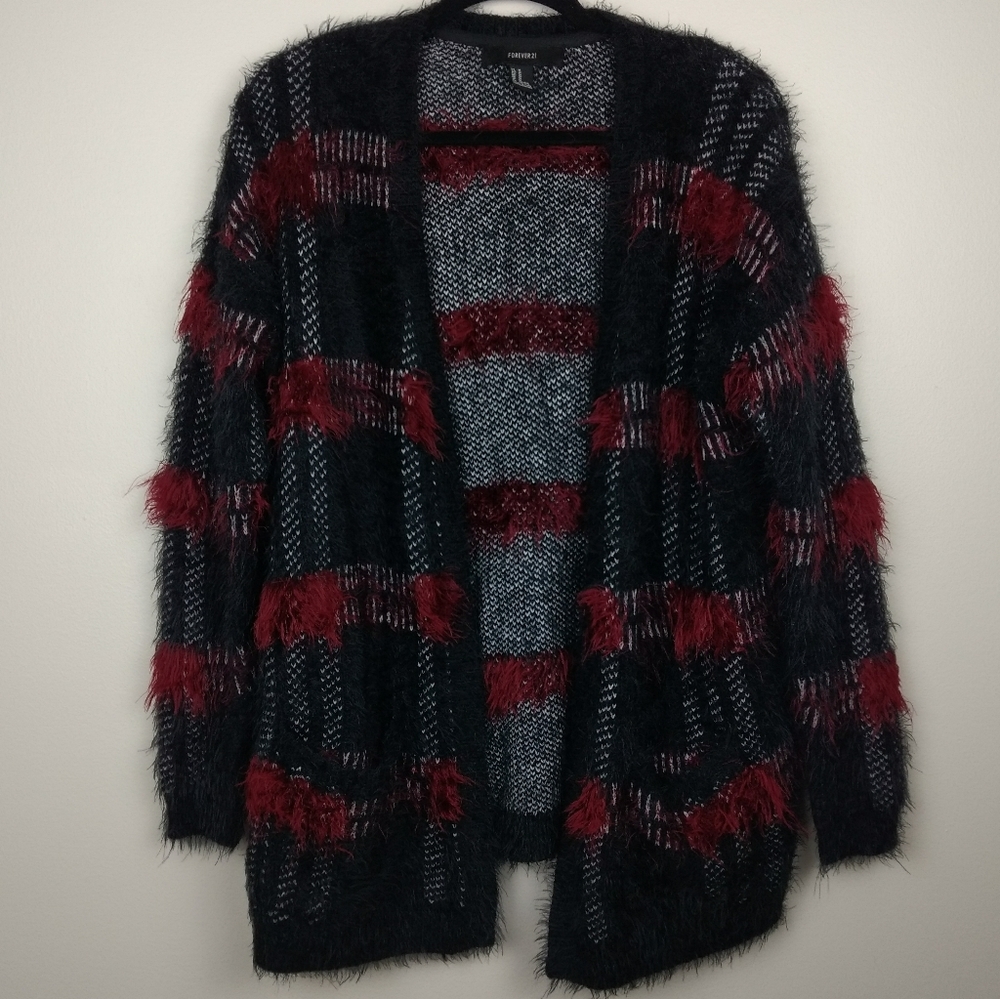FOREVER 21 Blck Rd Plaid Fluffy Cardigan Sweater